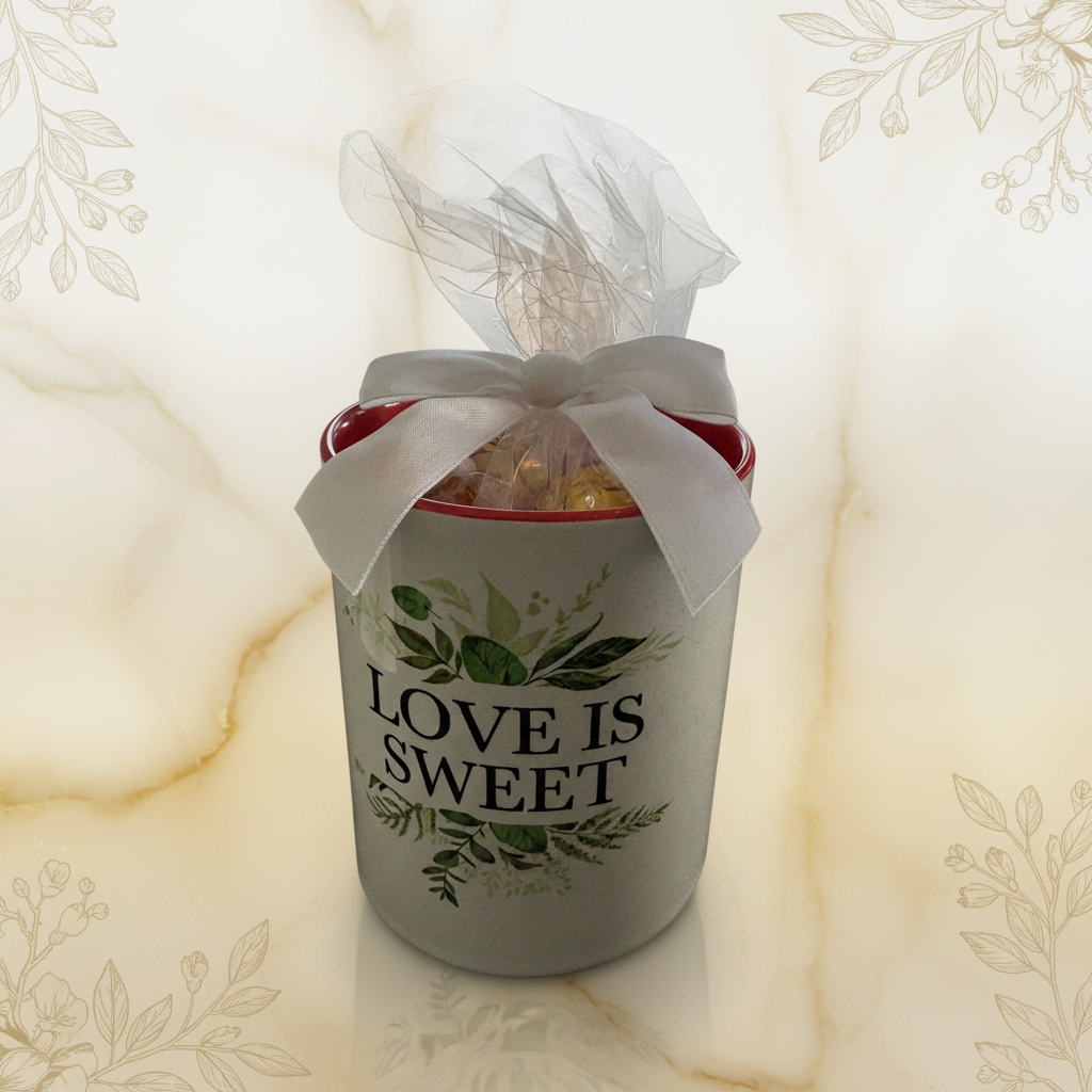 Love is Sweet wedding mug filled with Lindor white chocolate truffles with white ribbon