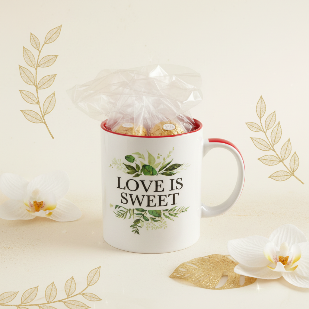 Love is Sweet gift set with cellophane wrap and white ribbon