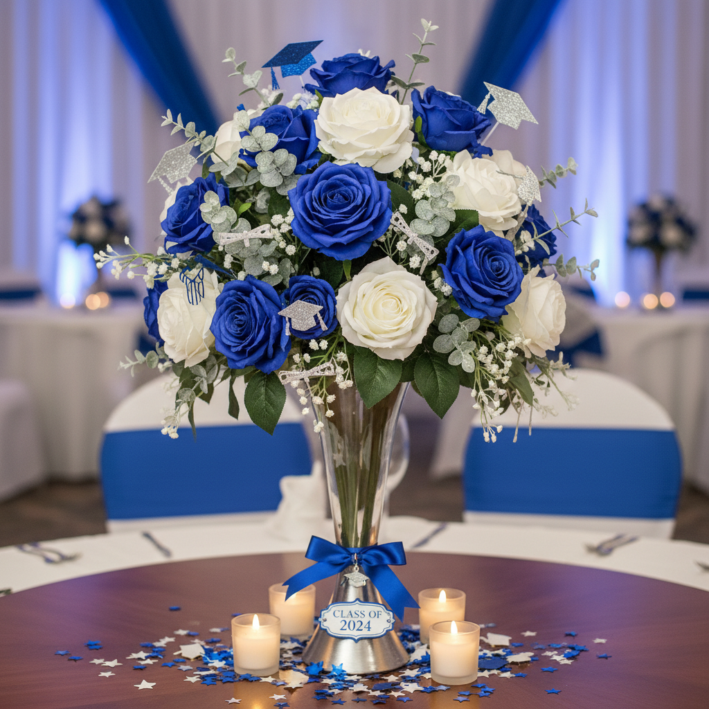 Blue and white artificial roses centerpiece for graduation party table decoration