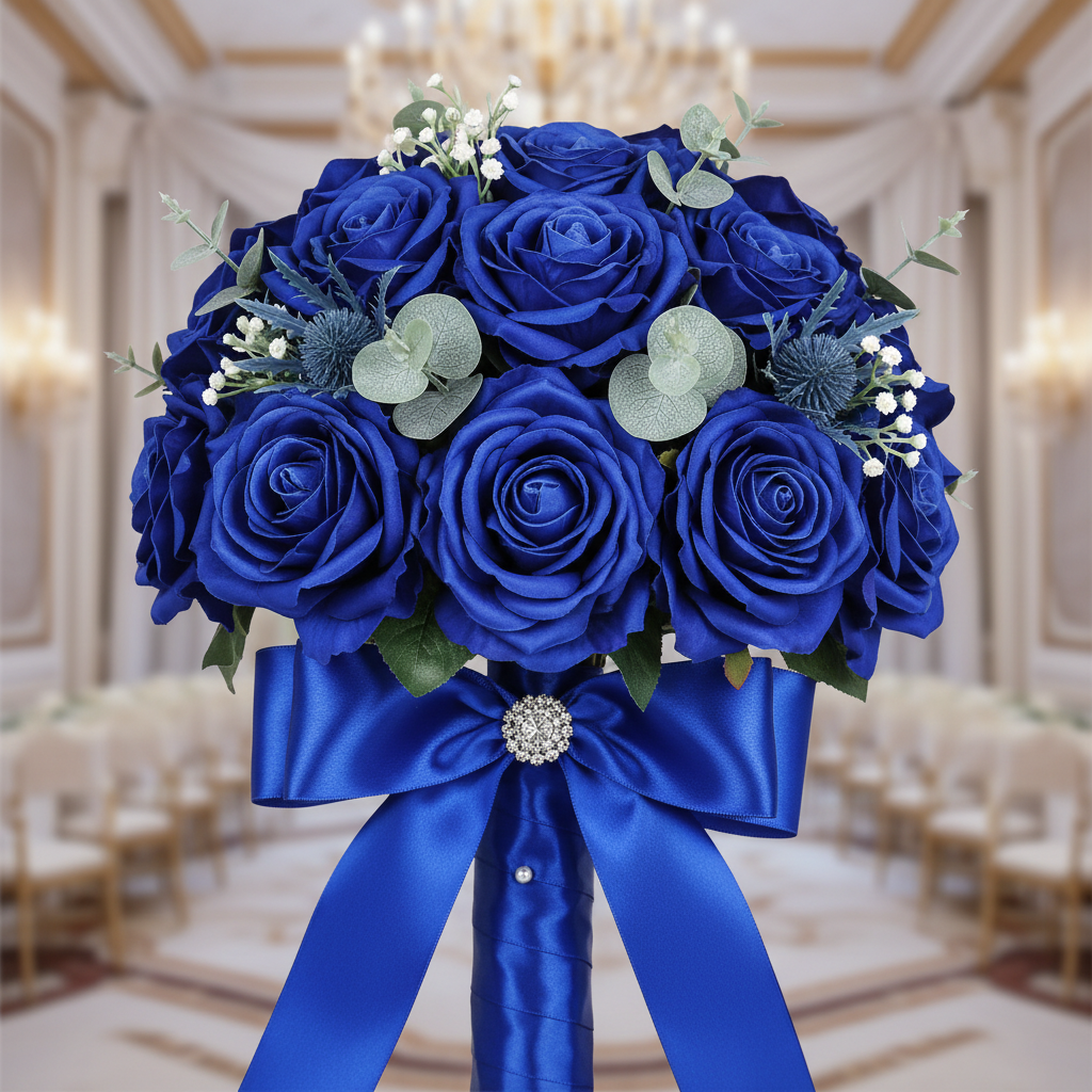 Royal blue artificial roses bridal bouquet for wedding flowers
