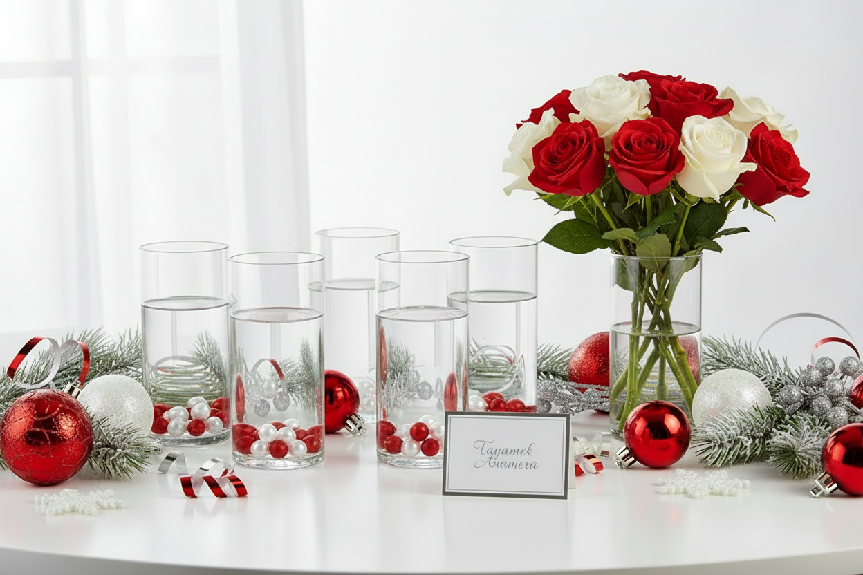 Set of six clear glass tumblers with a vase containing pink roses on a white background