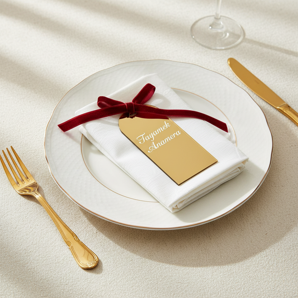 Marque-place doré Tayamek Anamera sur serviette blanche