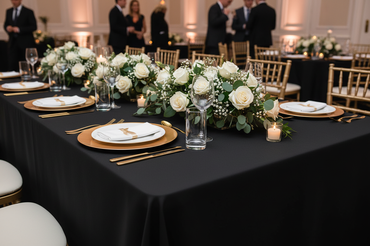 Nappe polyester avec décor blanc or