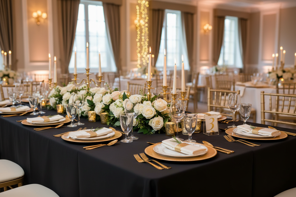 Nappe polyester décor ivoire or