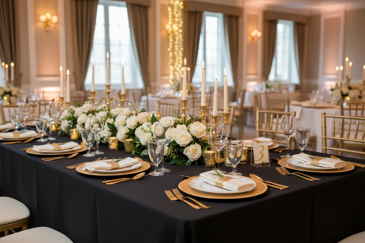 Nappe polyester décor ivoire or