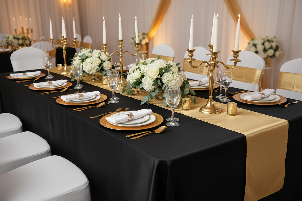 Nappe satin noire décor or blanc