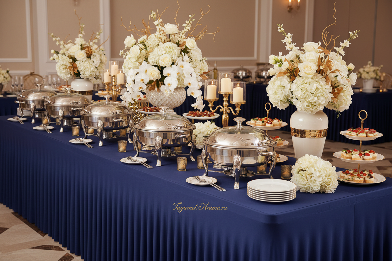 Navy Table Skirt Buffet with Chafing Dishes - Tayamek Anamera
