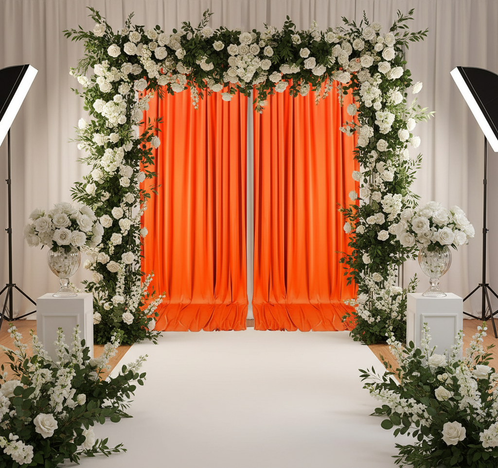 Orange Backdrop avec arc floral blanc