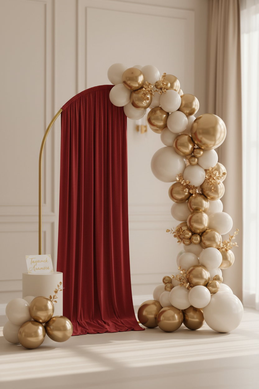 Red Arch Drape with Balloons - Tayamek Anamera