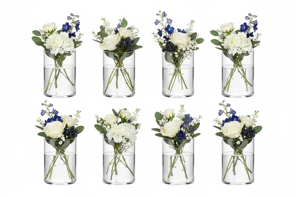 Vases fleurs blanc bleu angle