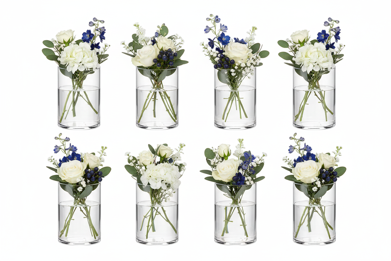 Vases fleurs blanc bleu angle