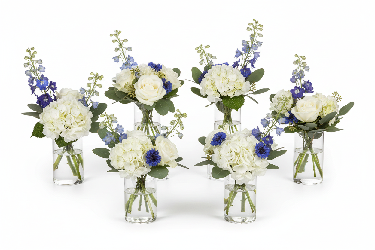 Vases fleurs blanc bleu face