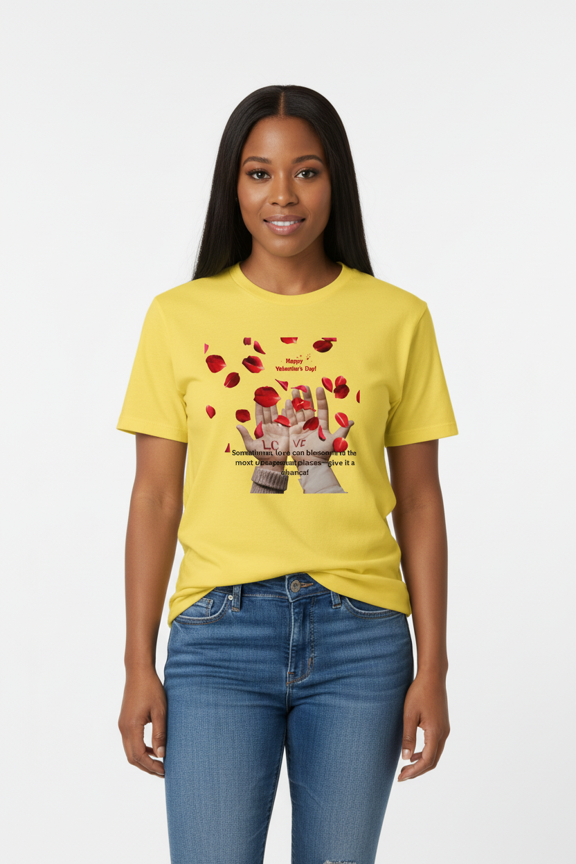 Vous portant le t-shirt jaune Valentine avec jeans