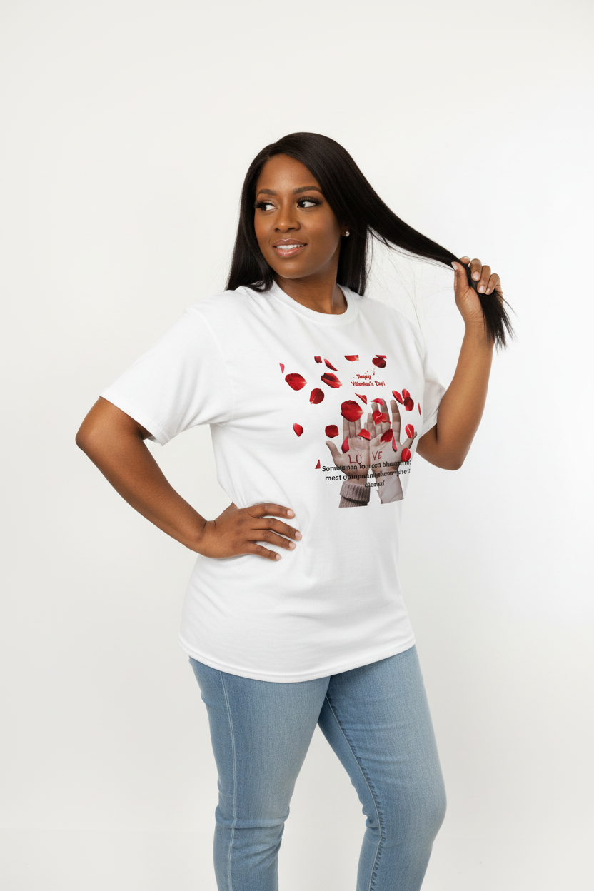Vous portant le t-shirt Valentine avec jeans