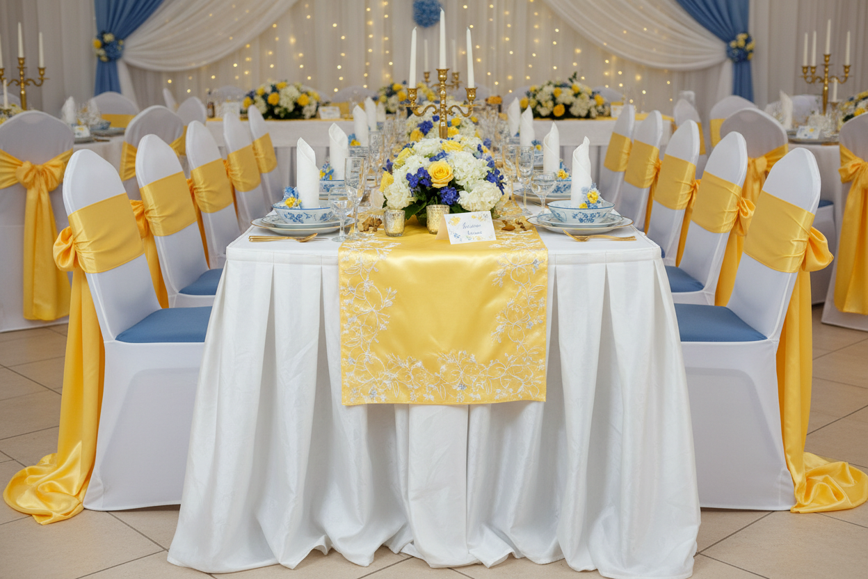Wedding table with coordinated white, blue and yellow decor