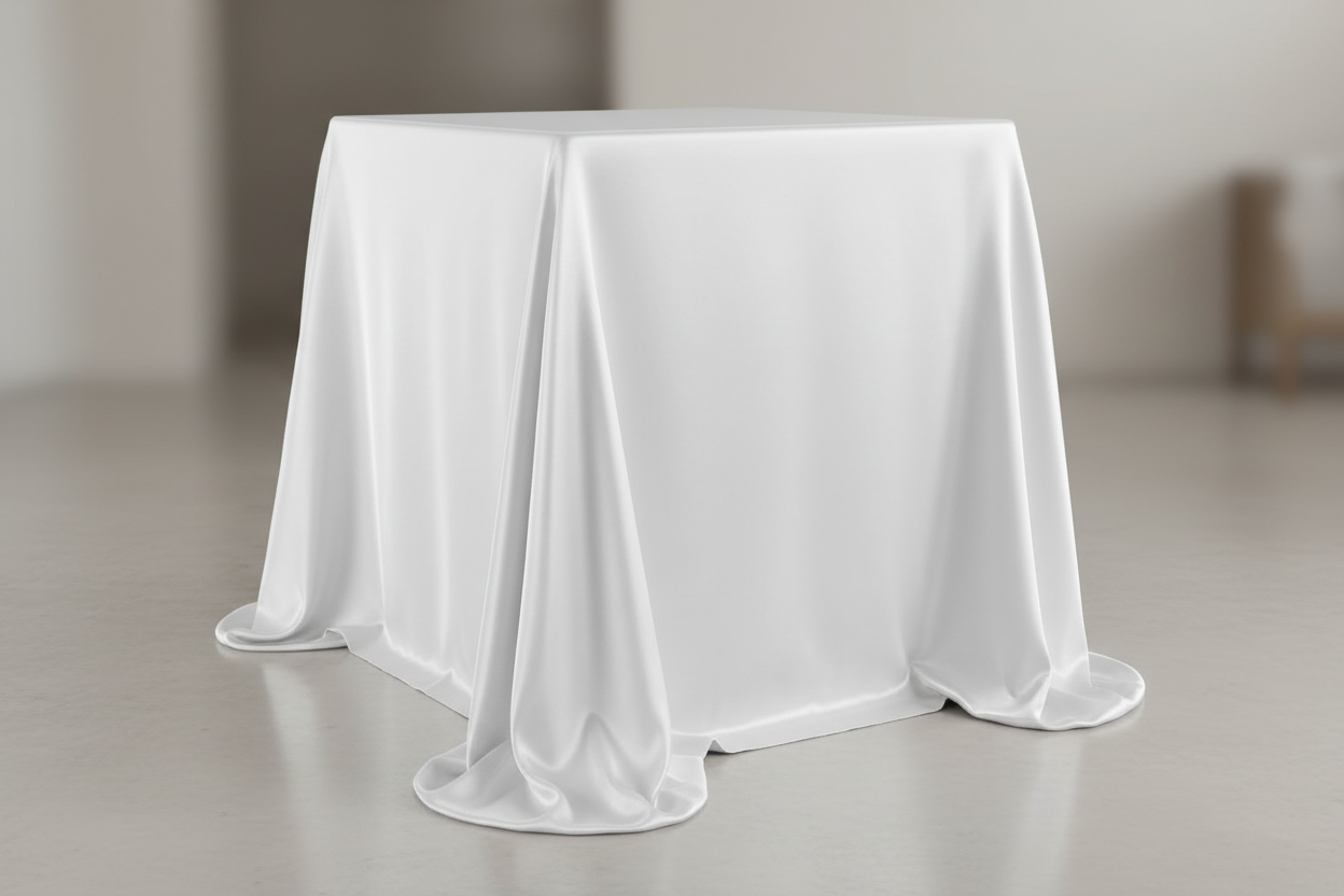 White satin tablecloth on 32 inch table with floor coverage