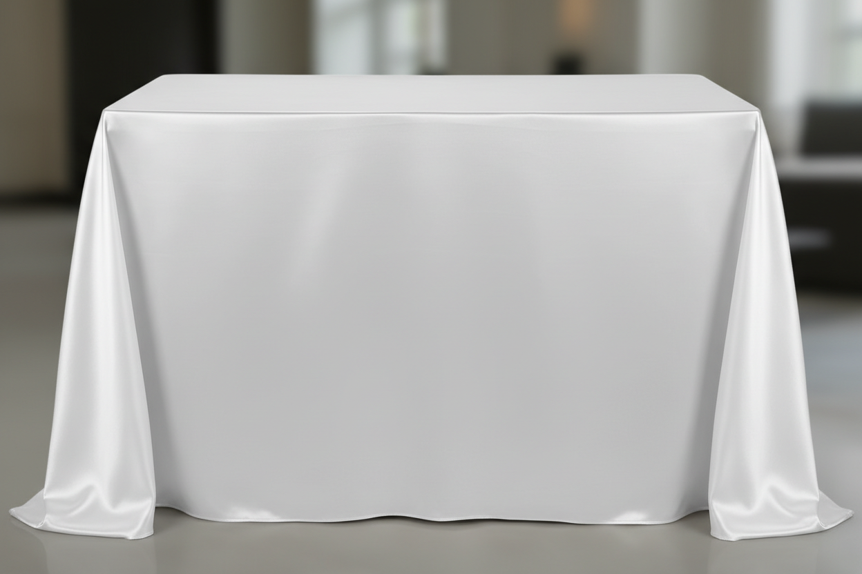 White satin tablecloth with full floor coverage